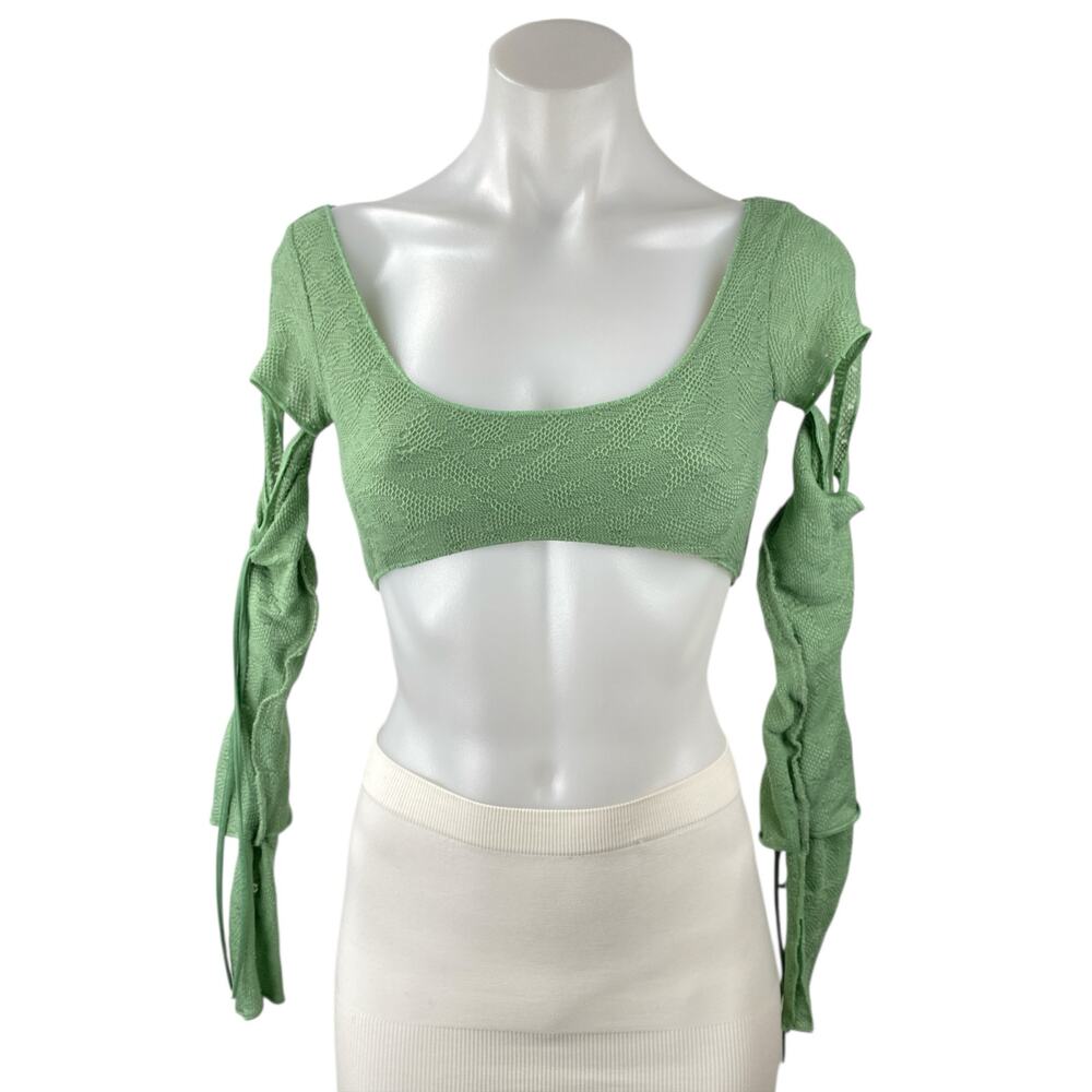 Oh Polly Green Cutout Long Sleeve Scop Neck Tie Off The Shoulder Crop Top Size 4 - Picture 2 of 5